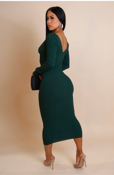 Heartbreaker Ribbed Midi Dress- Deep Emerald