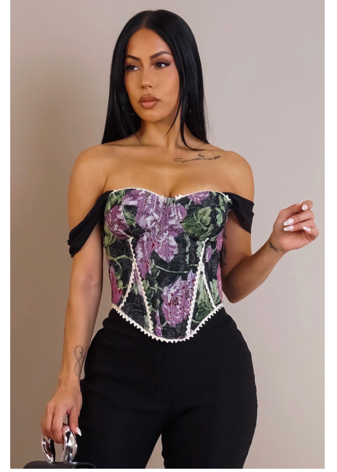 That Girl Corset Top- Off Shoulder Corset Top — Black Multi Floral